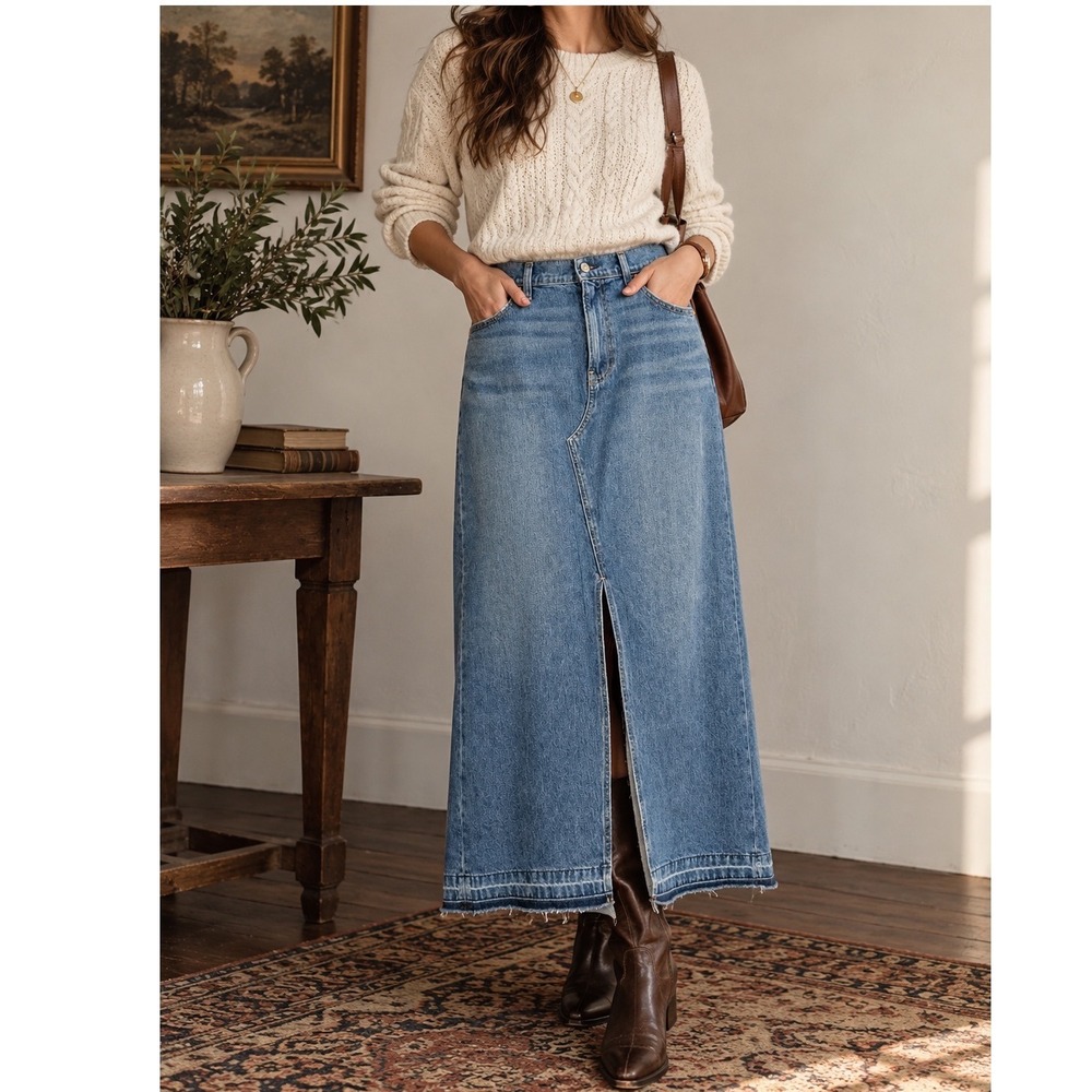 Gap Denim Maxi Skirt Womens 18 Raw Hem Front Slit 90s minimalist chic country
